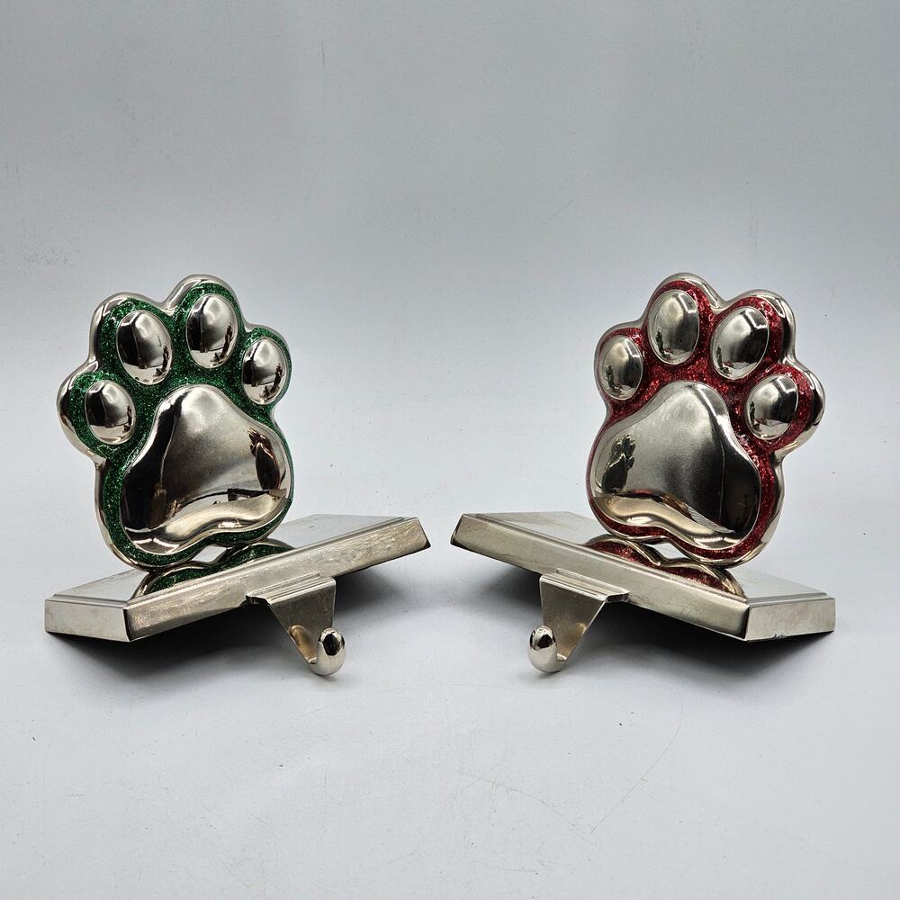 Set of 2 Silver Metal Paw Print Stocking Holder Sparkly Red and Green Christmas